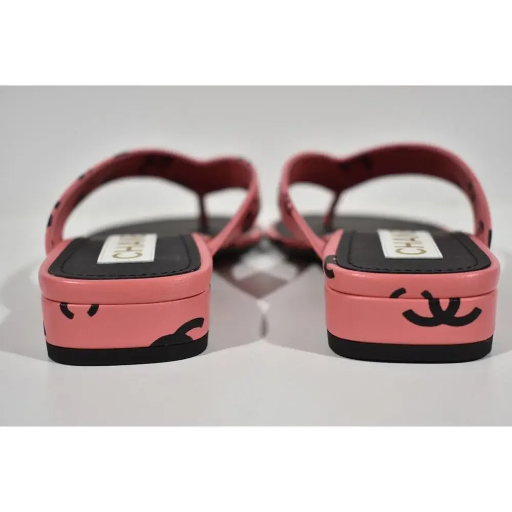 Chanel 22S Pink Black Printed Lambskin CC Logo Thong Flat Flip Flop Sandal 37 - Picture 11 of 12
